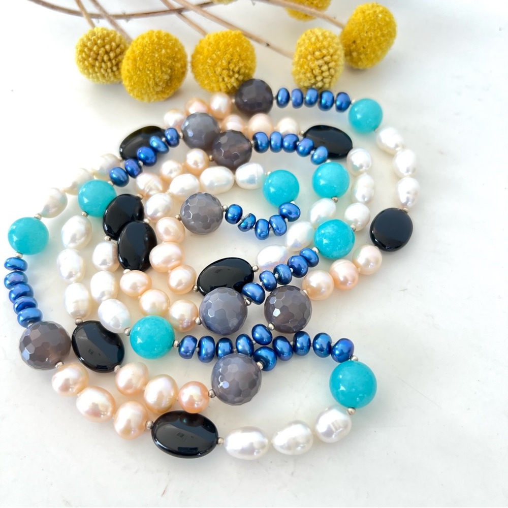 HANDMADE Natural Pearls w Multicolored Beads Classic Boho Long Vintage Necklace